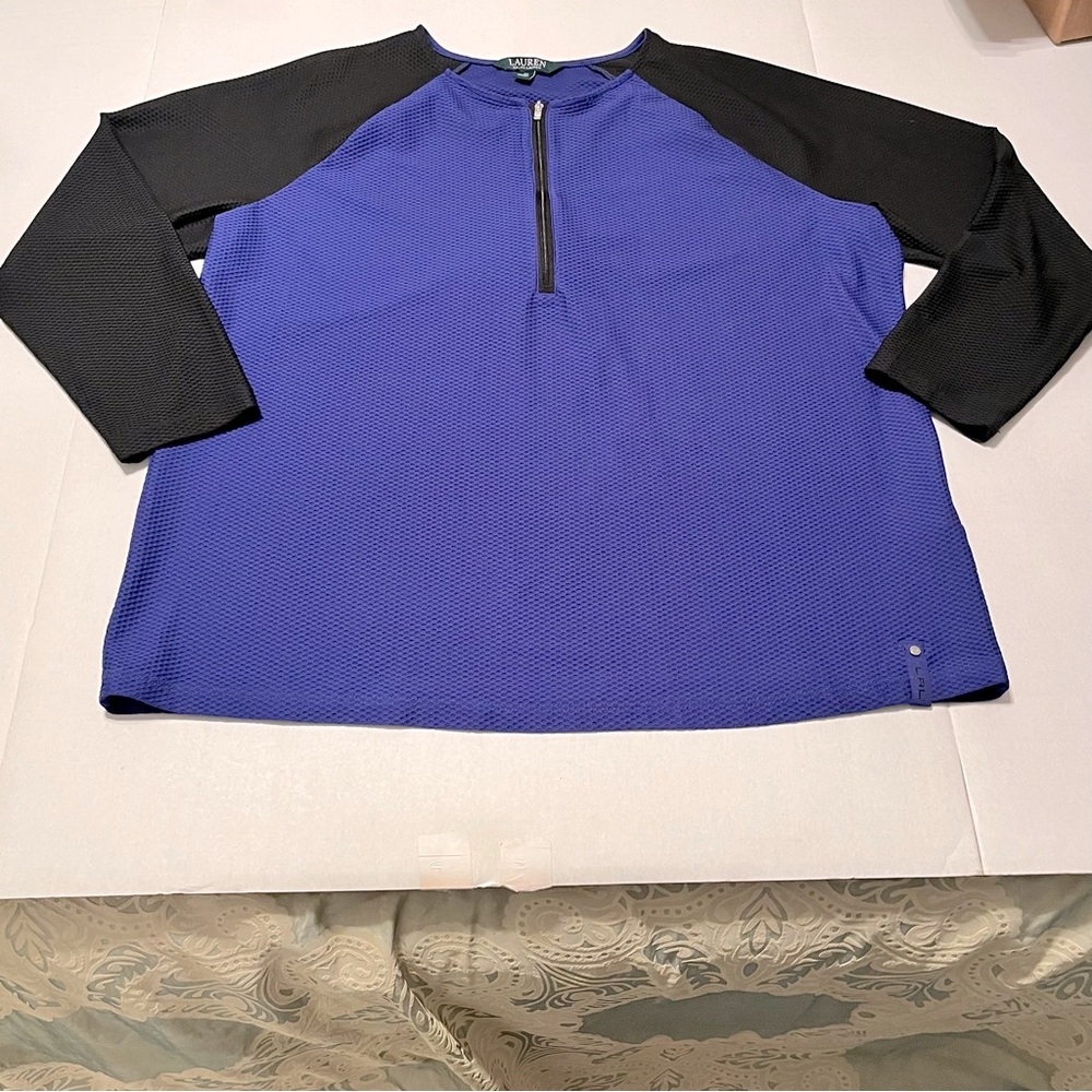 Lauren Ralph Lauren Womens SZ 2X Blue Black Quarter‎ Zip Waffle Knit Stretch Top
